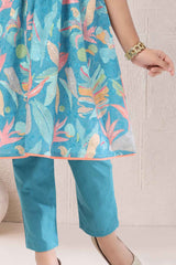 Sky Blue Floral Printed Ethnic Kurta Set For Girls