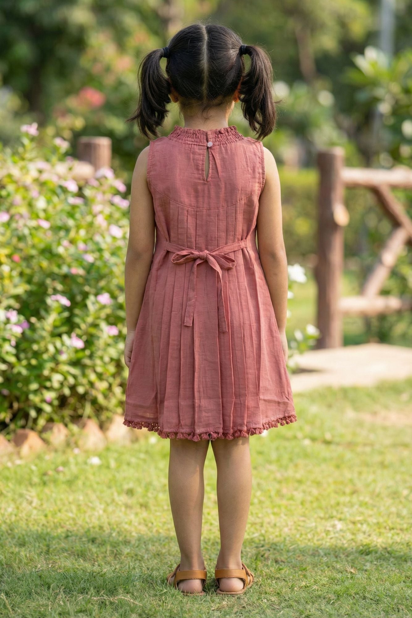 Rust Pink Floral Embroidered Frock For Girls