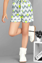 White Zig Zag Printed Short Jumpsuit With Ruffle Sleeves For Girls