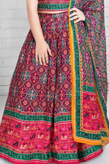 Red And Green Embroidered With Ikkat Printed Lehenga Choli Set For Girls