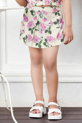 Cream Floral Printed Sleeveless Top And Short Set For Girls
