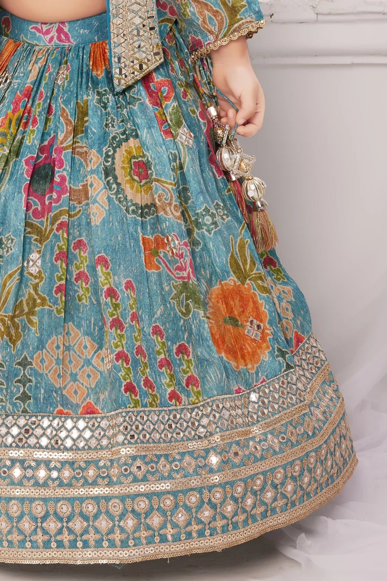 Turquoise Multicolor Printed Lehenga Set with Mirror Work Jacket For Girls