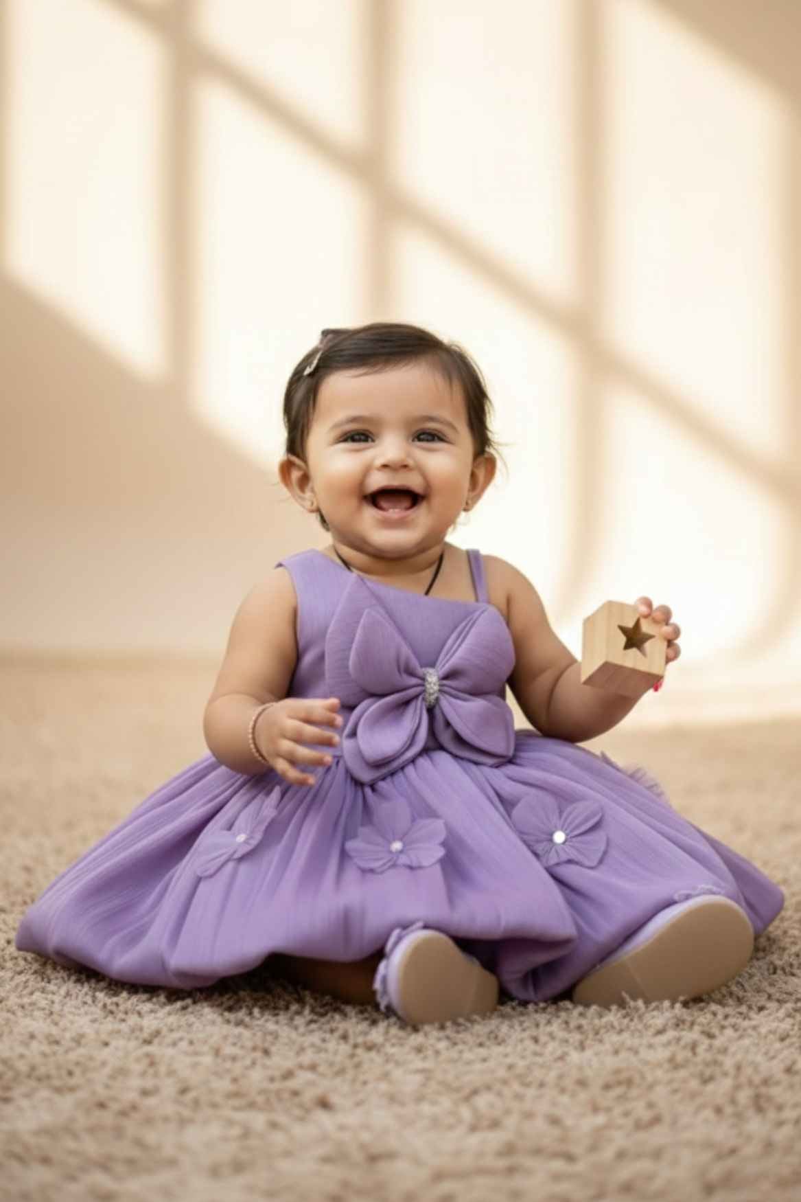 Lavender Party Wear Frock with 3D Floral Appliqué and Bow Accent For Girls