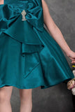 Teal Blue Party Dress with Oversized Bow And Stone Brooch For Girls
