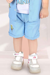 Blue Printed Shirt And Short With White T-Shirt Set For Boys