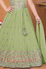 Elegant Pista Green Sequin Embroidery Lehenga Choli For Girls