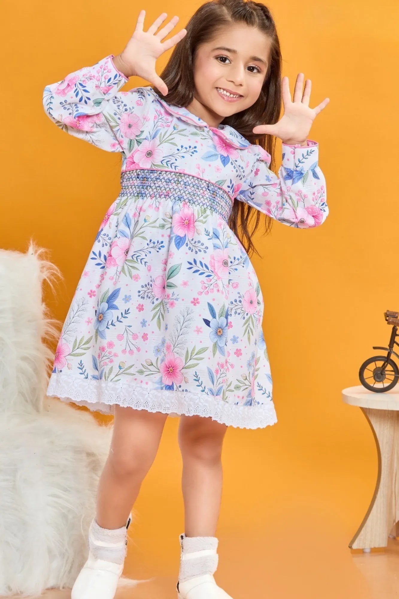 Pink & Blue Floral Dress with Peter Pan Collar For Girls