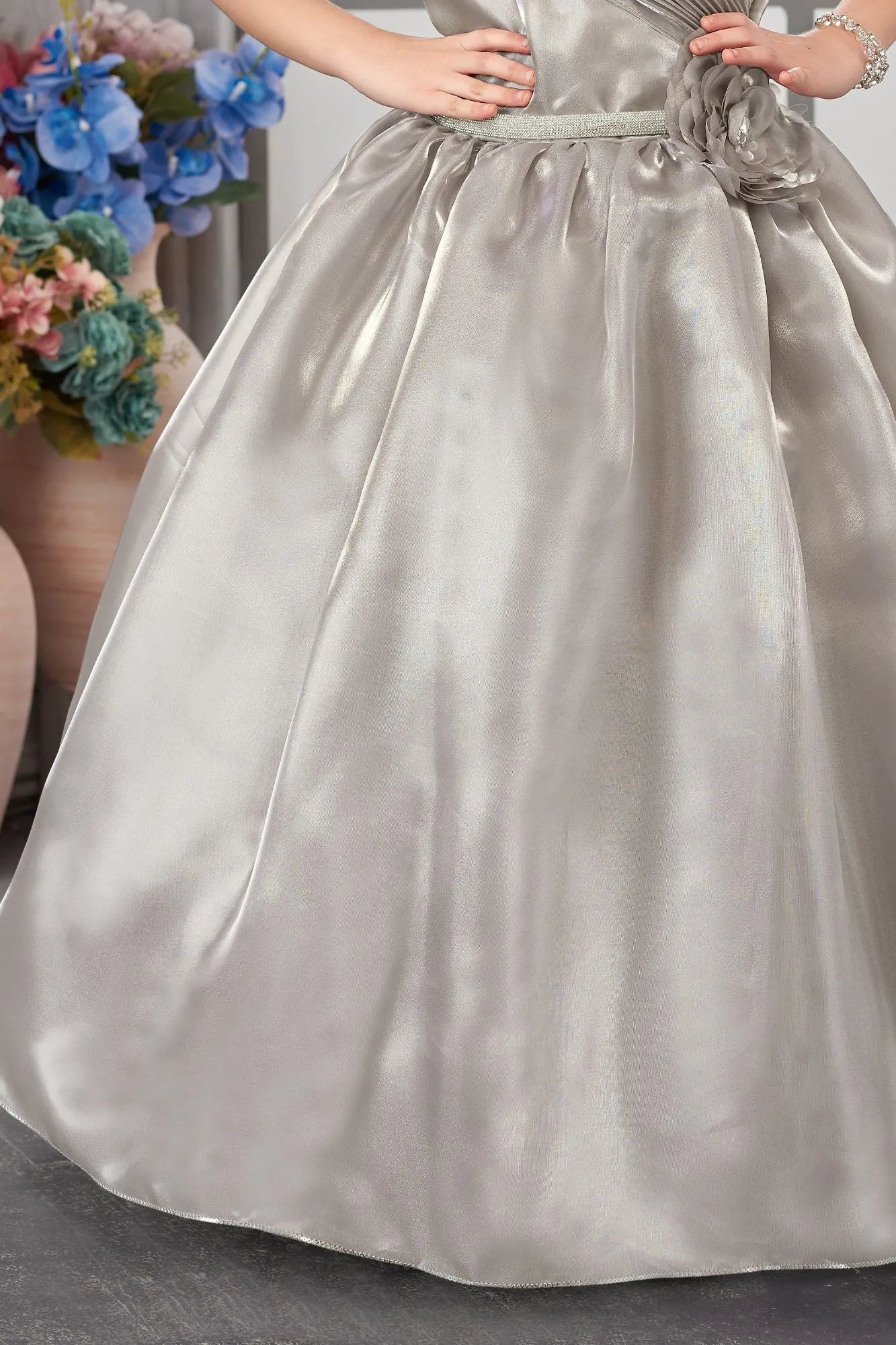 Elegant Grey Pleated & Floral Embellished Gown For Girls