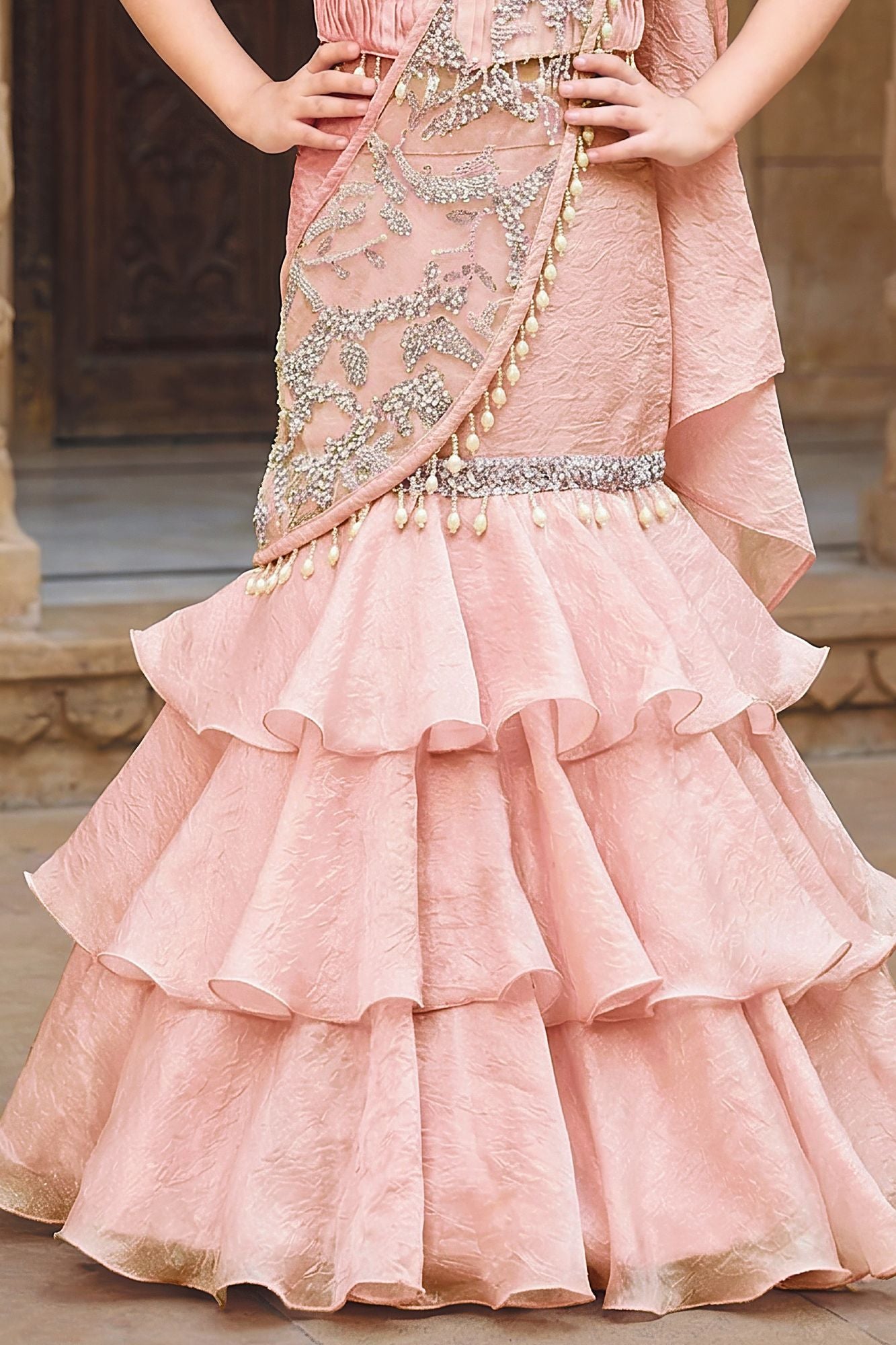 Blush Pink Ruffle Lehenga Choli With Embroidered Draped Dupatta For Girls