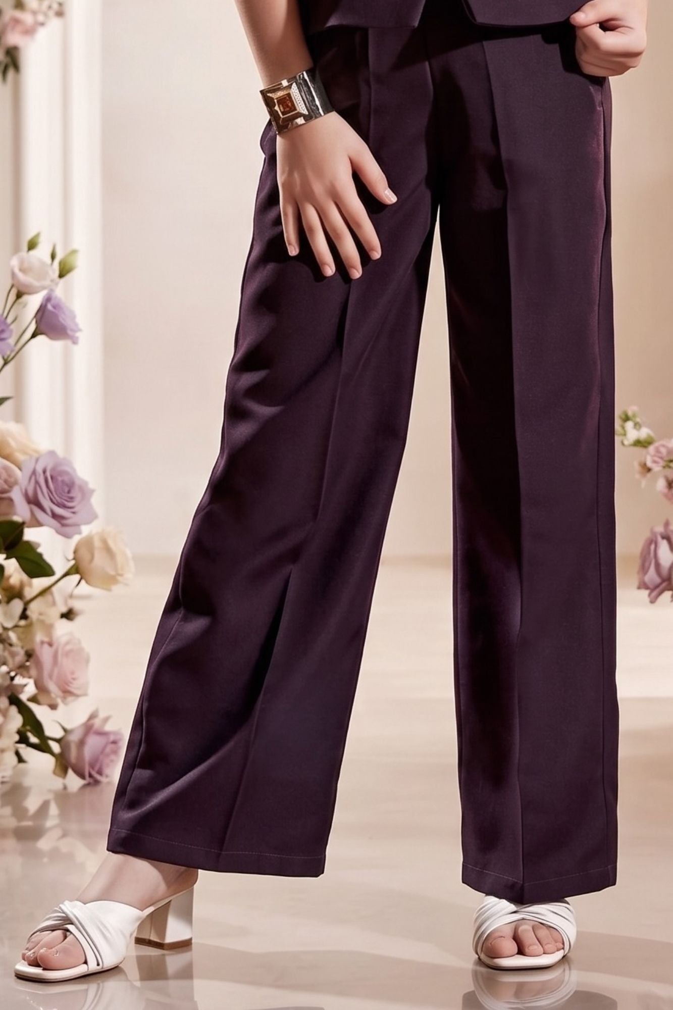Girls Violet Co-Ord Set With Sleeveless Top And Wide-Leg Pants