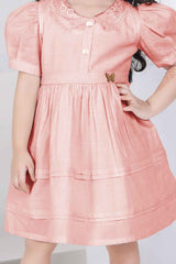 Classic Peach Frock With Puff Sleeves For Girls