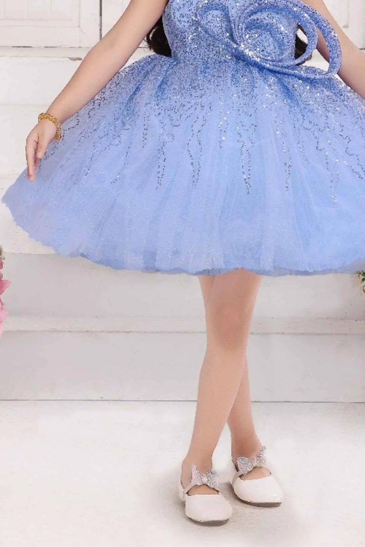 Blue Bow Embellishments Party Wear Frock For Girls