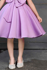 Purple Sleeveless And Bow Embellishment With Stone And Pearl Work Frock For Girls