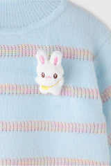 Blue Striped Polo Neck Pullover With Bunny Clip For Girls