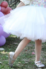 Cream Sequins Work Layered Party Wear Frock For Girls