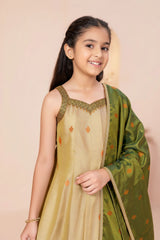 Girls Gold Silk Kurta Set with Zari Border And Green Dupatta