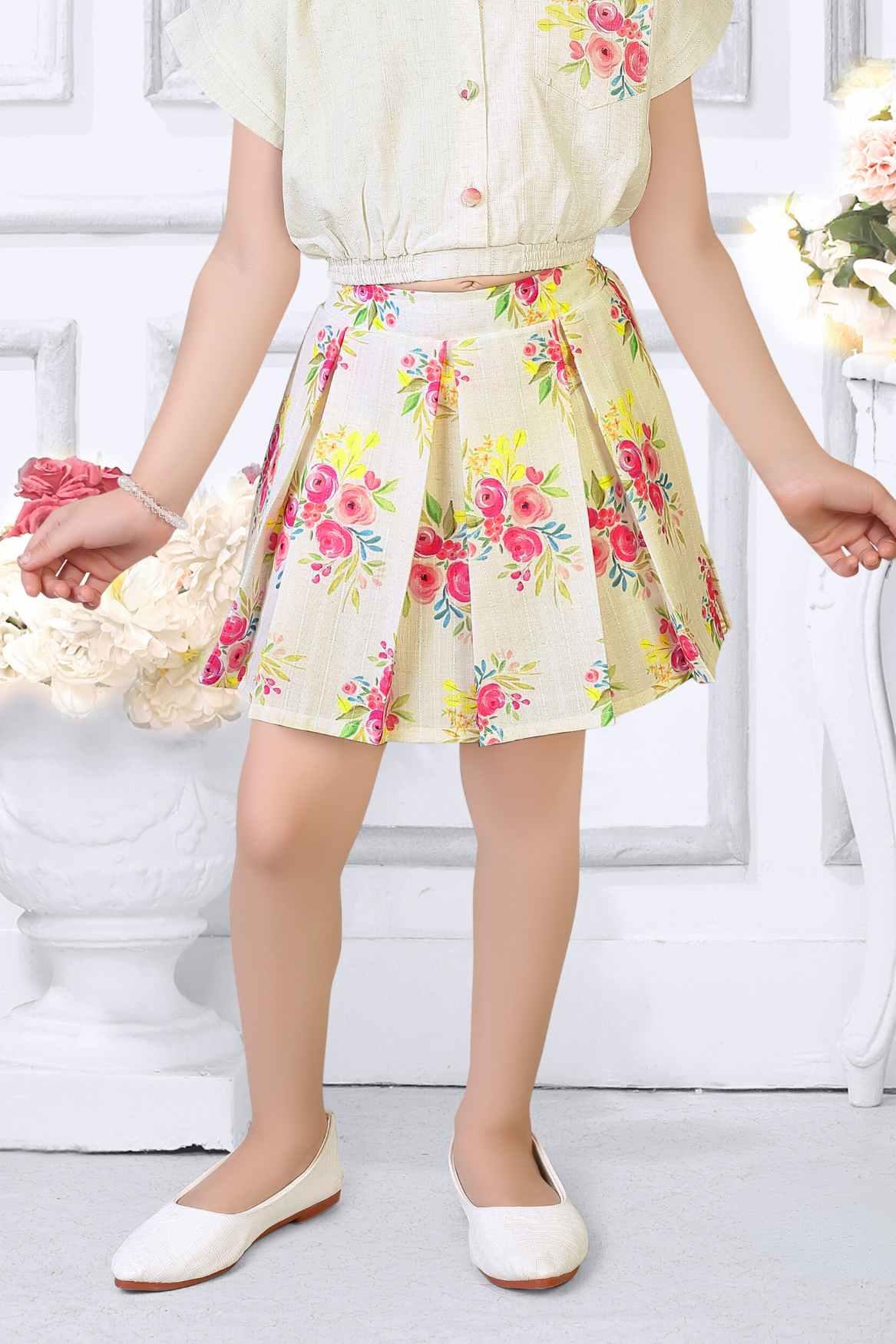 Cream Top And Floral Printed Skirt Set For Girls - Lagorii Kids
