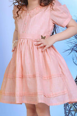 Classic Peach Casual Frock With Puff Sleeves For Girls