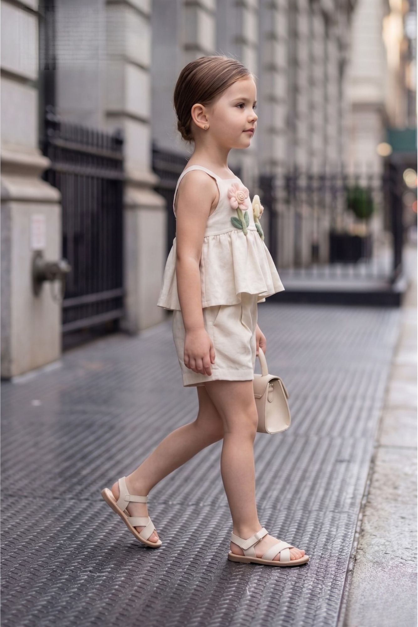 Girls Cream Peplum Top And Shorts Co-Ord Set with Floral Applique