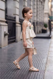 Girls Cream Peplum Top And Shorts Co-Ord Set with Floral Applique