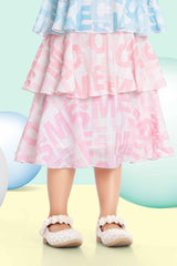 Pink And Blue Frilled Printed Dress With Cap For Girls