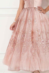 Pink Sequin Net Party Wear Gown Embellished With Floral For Girls