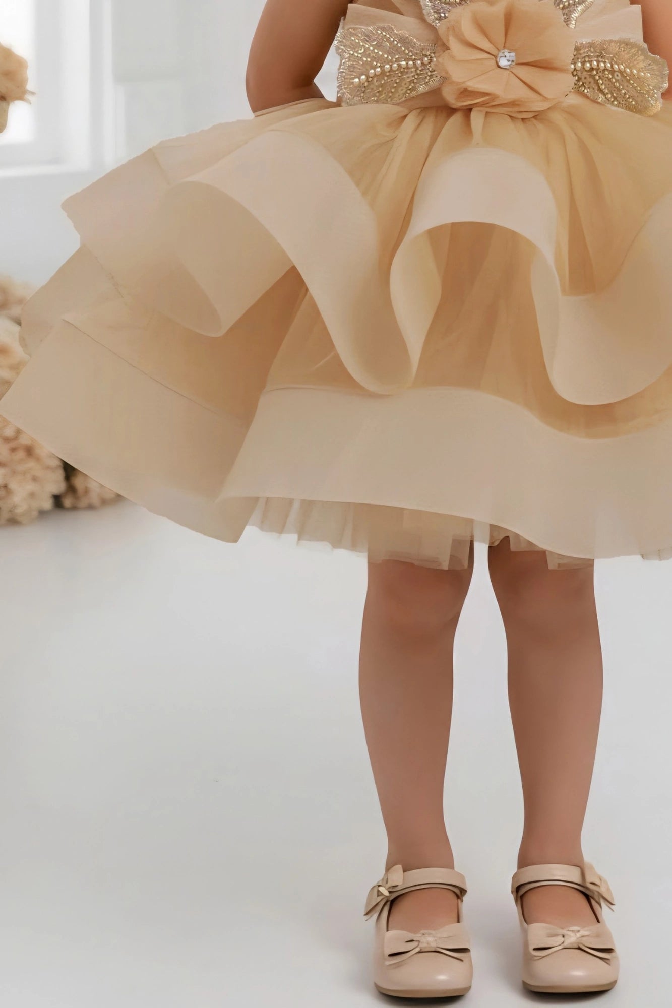 Golden Party Frock with Sequin Bow Accent For Girls