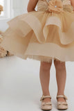 Golden Party Frock with Sequin Bow Accent For Girls