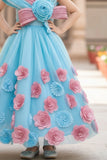 Dreamy Blue & Pink 3D Floral Embellished Party Gown For Girls