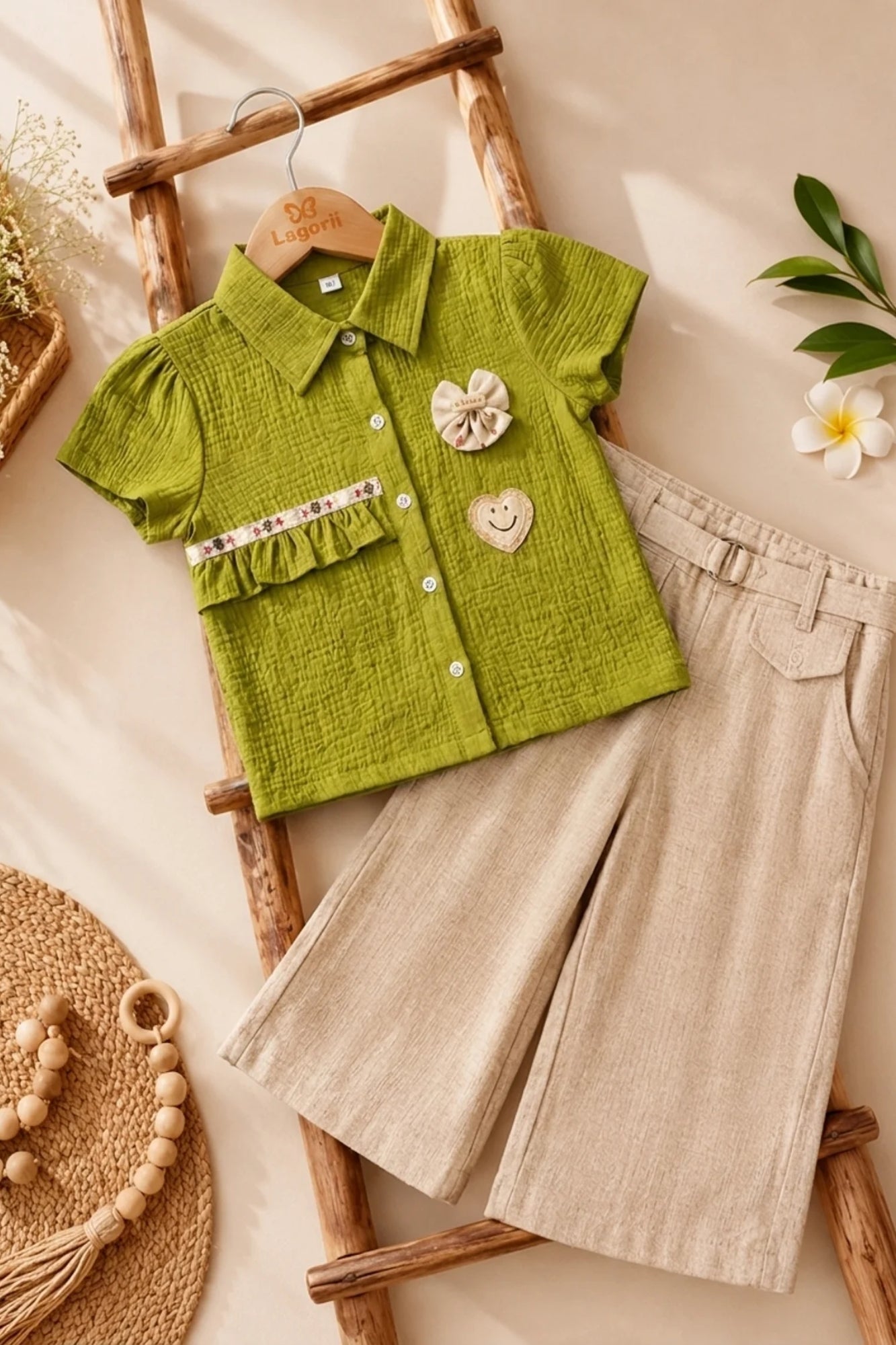Pista Green Applique Top with Beige Wide Leg Pants Set