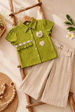 Pista Green Applique Top with Beige Wide Leg Pants Set
