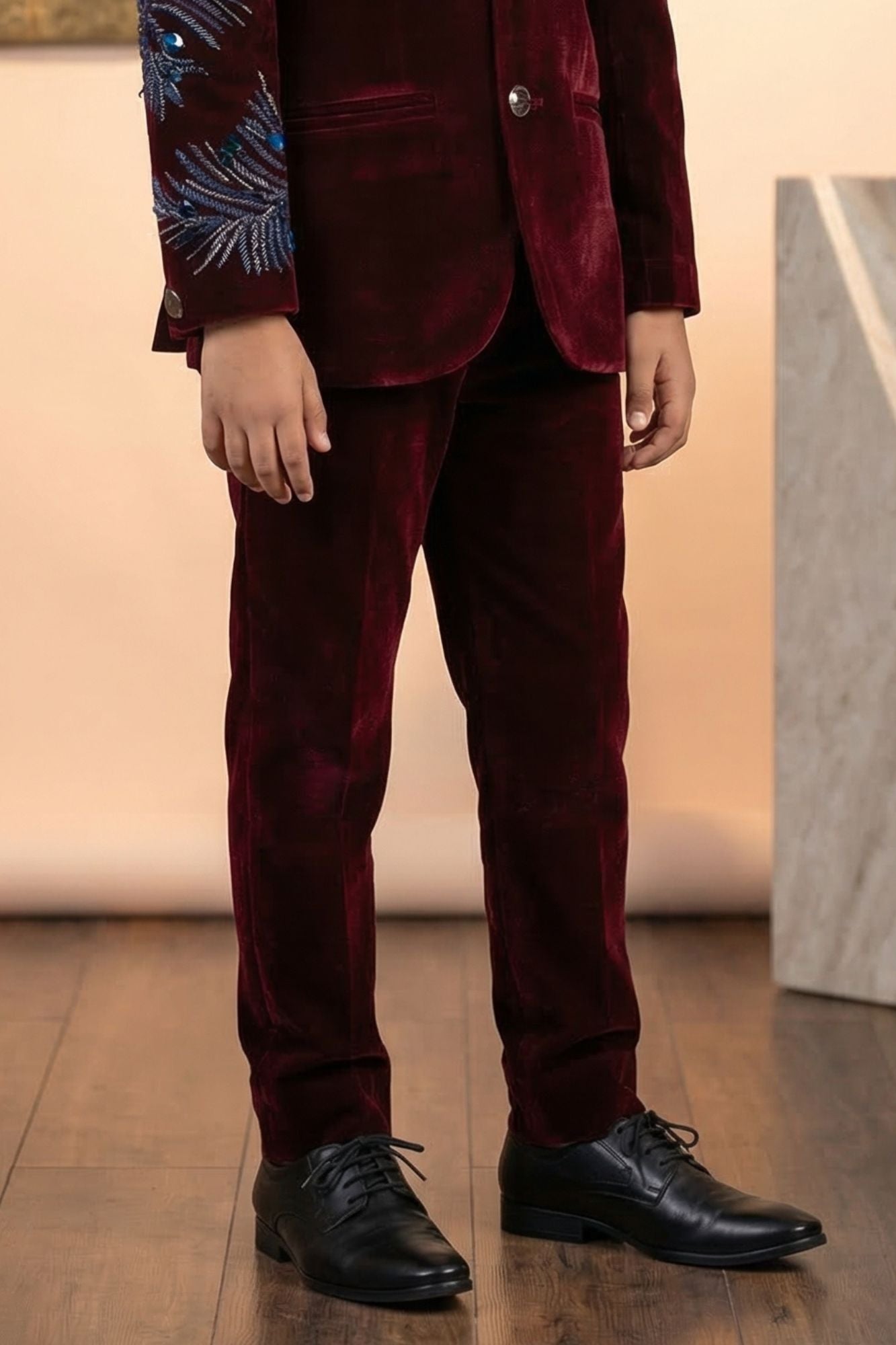 Maroon Velvet Jodhpuri Suit with Embroidered Sleeve Details For Boys