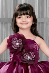 Wine Sleeveless And Floral Embellishment With Stone And Pearl Work Frock For Girls