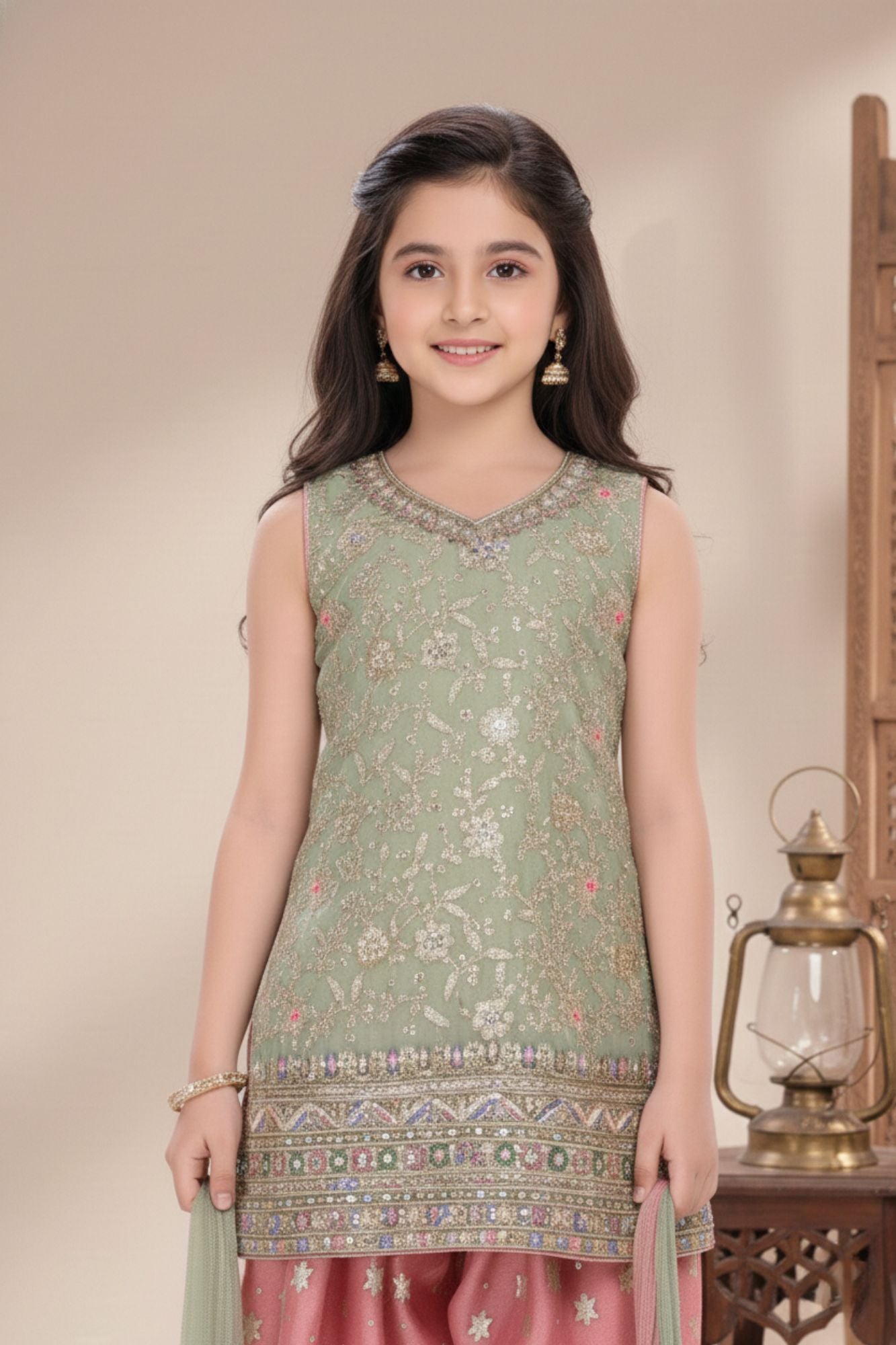 Pista Sleeveless Kurti with Foil-Print Pink Patiala And Dupatta For Girls