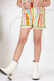 Multicolor Striped Button Down Overcoat With Top And Shorts Set For Girls