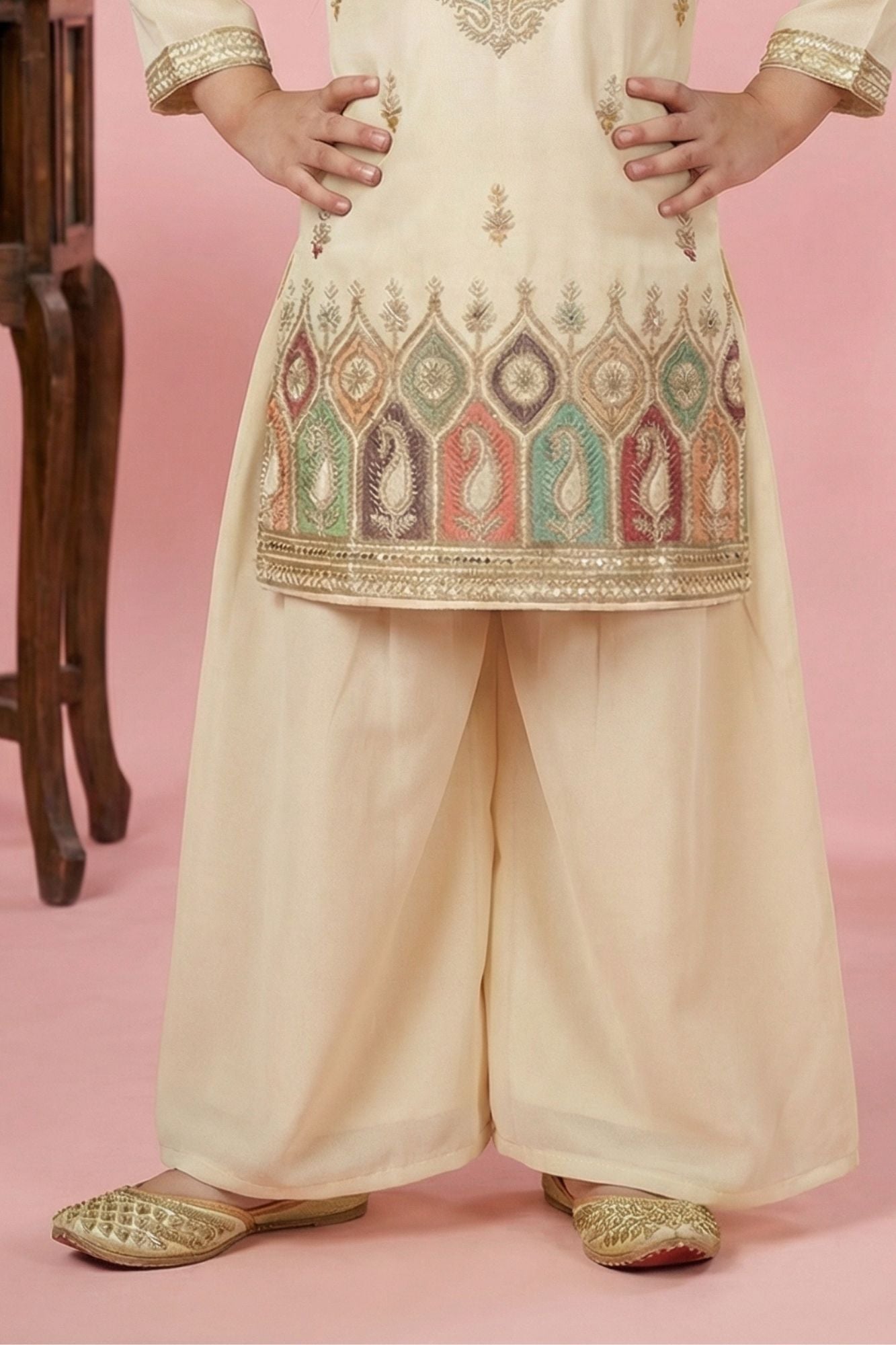 Beige Multicolor Embroidered Palazzo Set For Girls