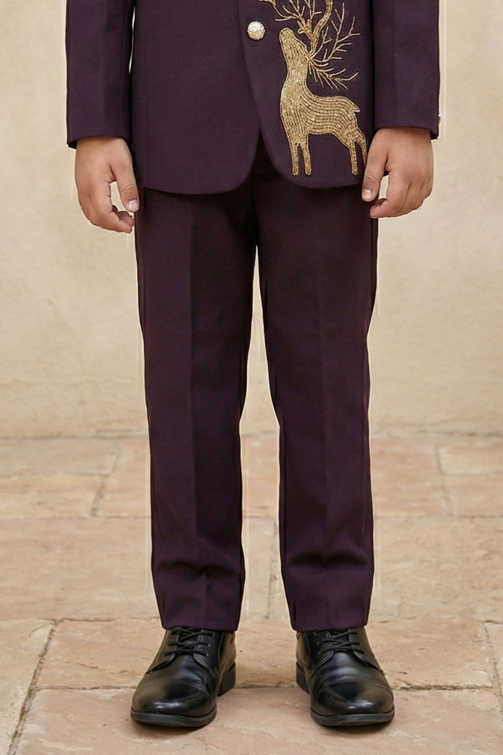 Designer Plum Purple Jhodhpuri Suit Set With Royal Deer Motif For Boys