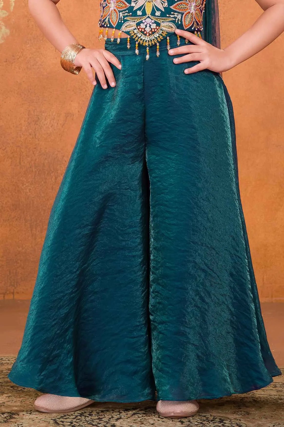 Teal Embroidered Palazzo Set For Girls