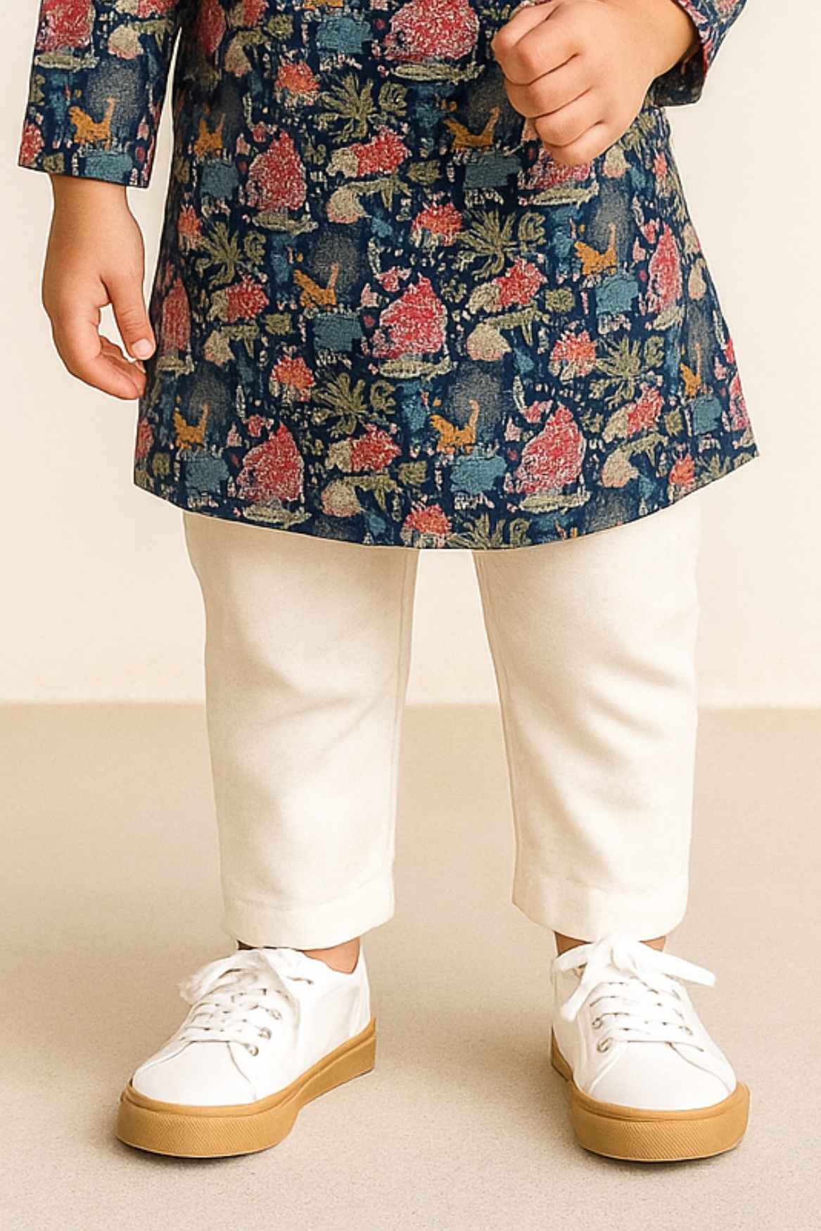 Navy Printed Kurta With Cream Pants For Boys