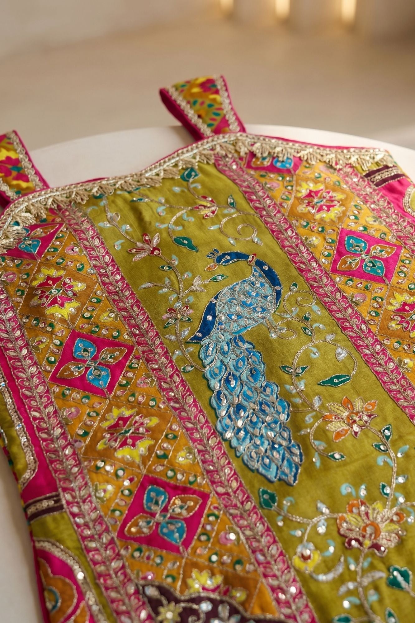 Girls Rani Pink Festive Peacock Embroidered Kurti with Flared Sharara Pants