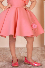 Peach Sleeveless With Floral Embellishment And Pearl Frock For Girls