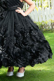 Designer Black Satin Gown With Embellished Flowers For Girls - Lagorii Kids