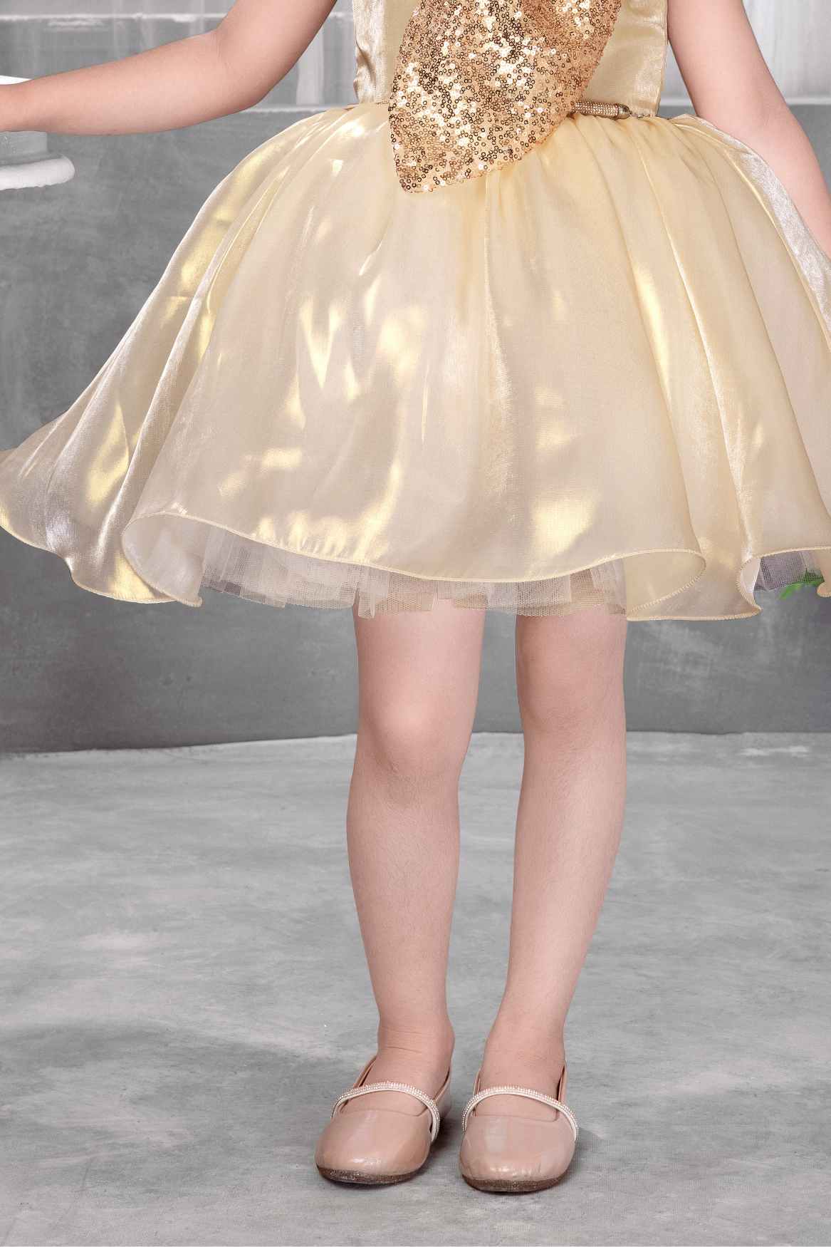 Golden Shimmer Party Frock with Sequin Bow and 3D Flower Detail For Girls