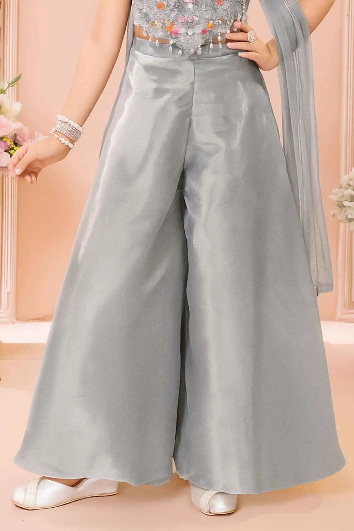 Grey Palazzo Set with Multicolor Embroidered Top and Dupatta