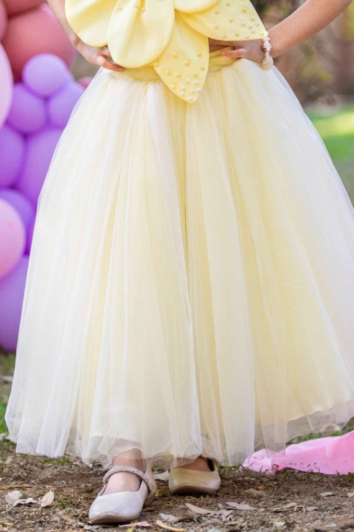 Pastel Yellow Princess Gown With 3D Floral Embellishment For Girls