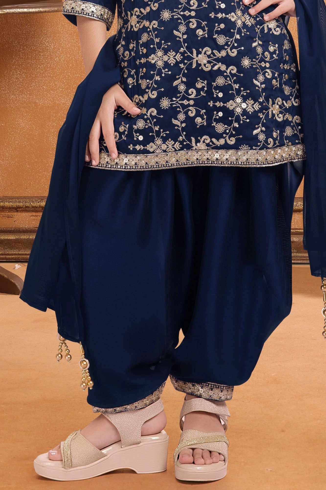 Navy Blue Embroidered Patiala Set For Girls