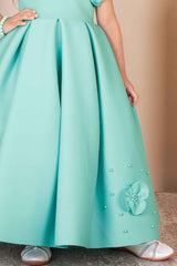 Sea Green Sleeveless With Floral Embellishment And Pearl Gown For Girls