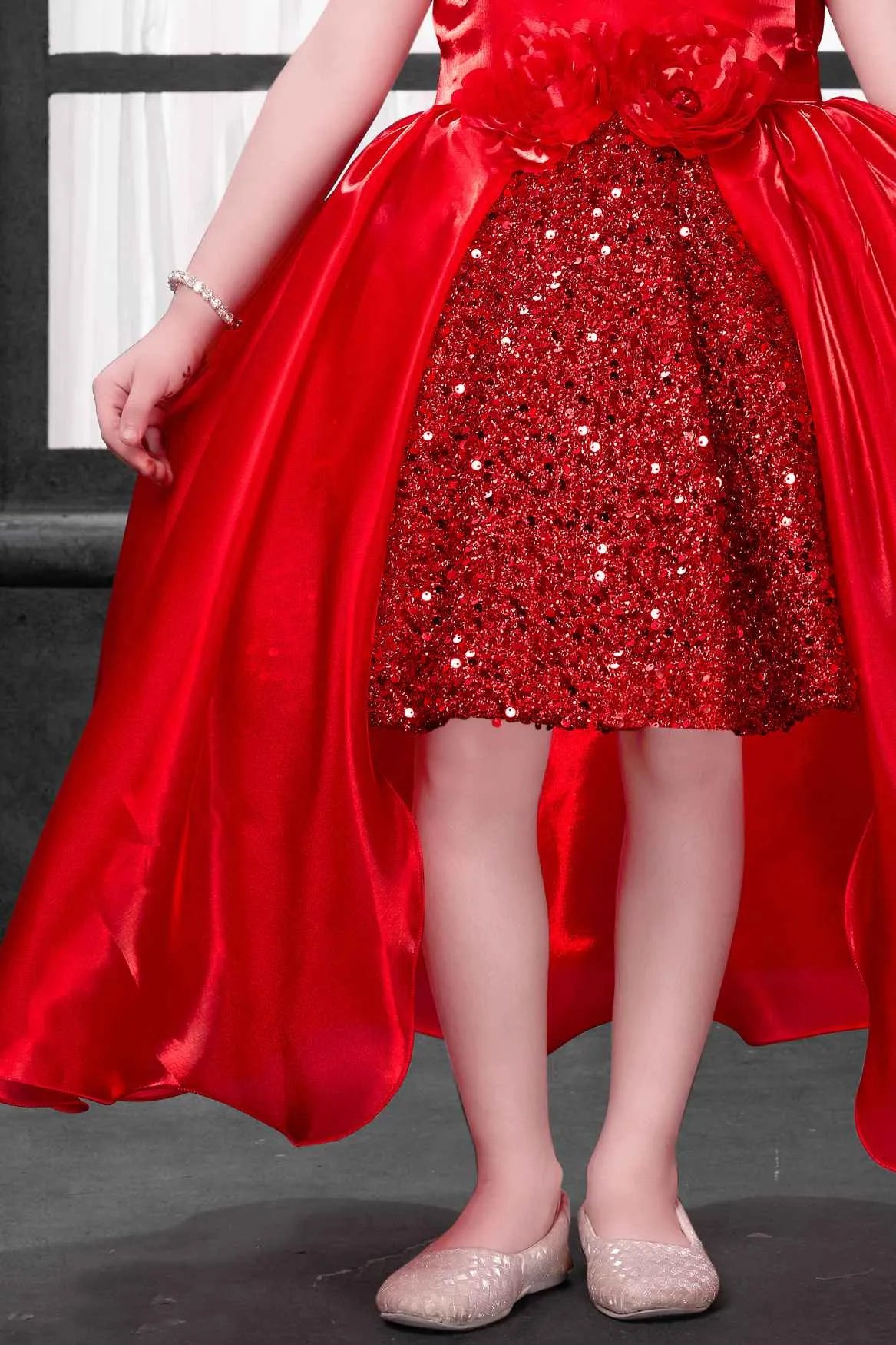 Red Sequined High-Low Party Wear Frock for Girls
