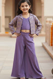 Lavender Embroidered Crop Top and Jacket Palazzo Set For Girls