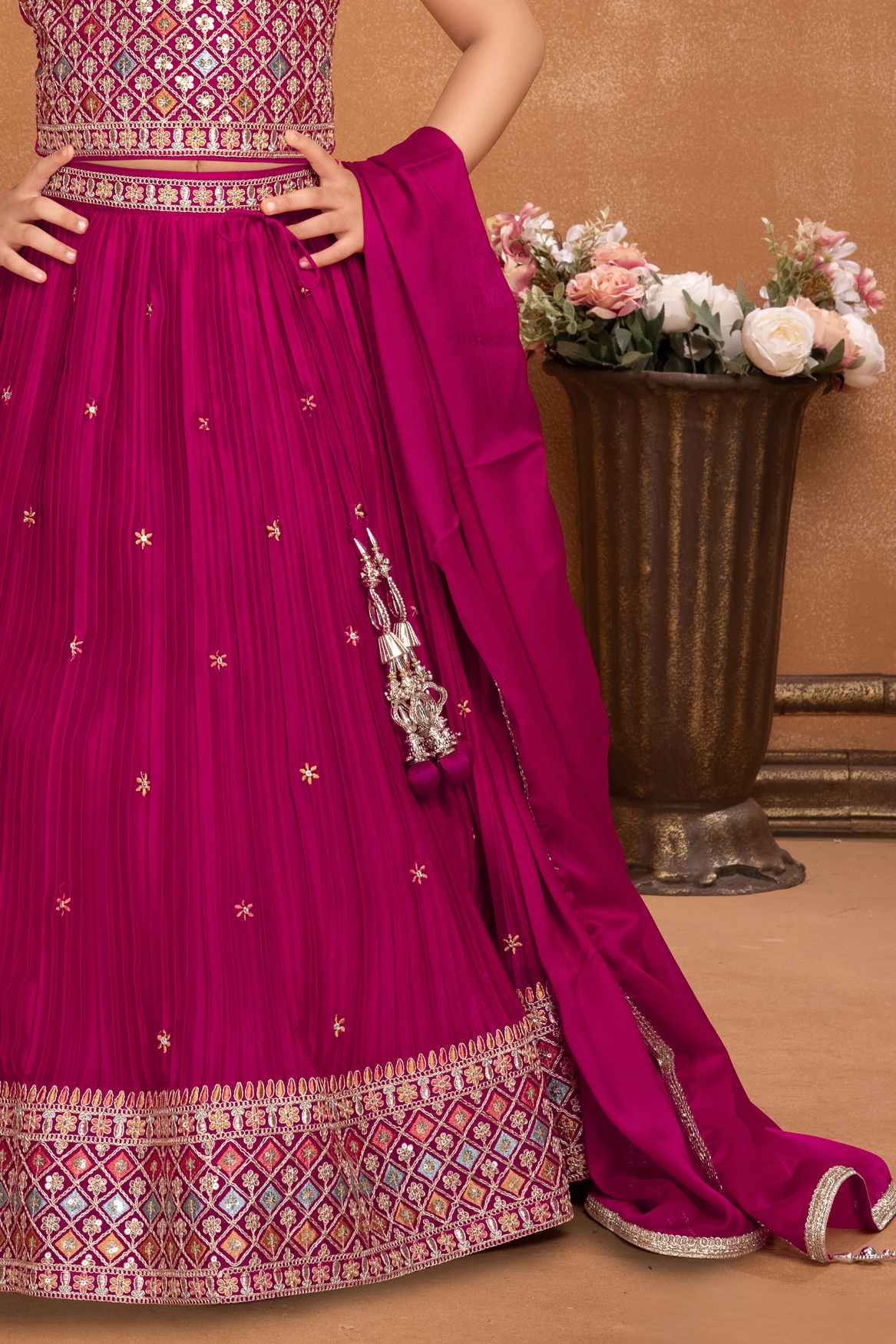 Rani Pink Lehenga Choli With Sequin Work And Embroidered For Girls